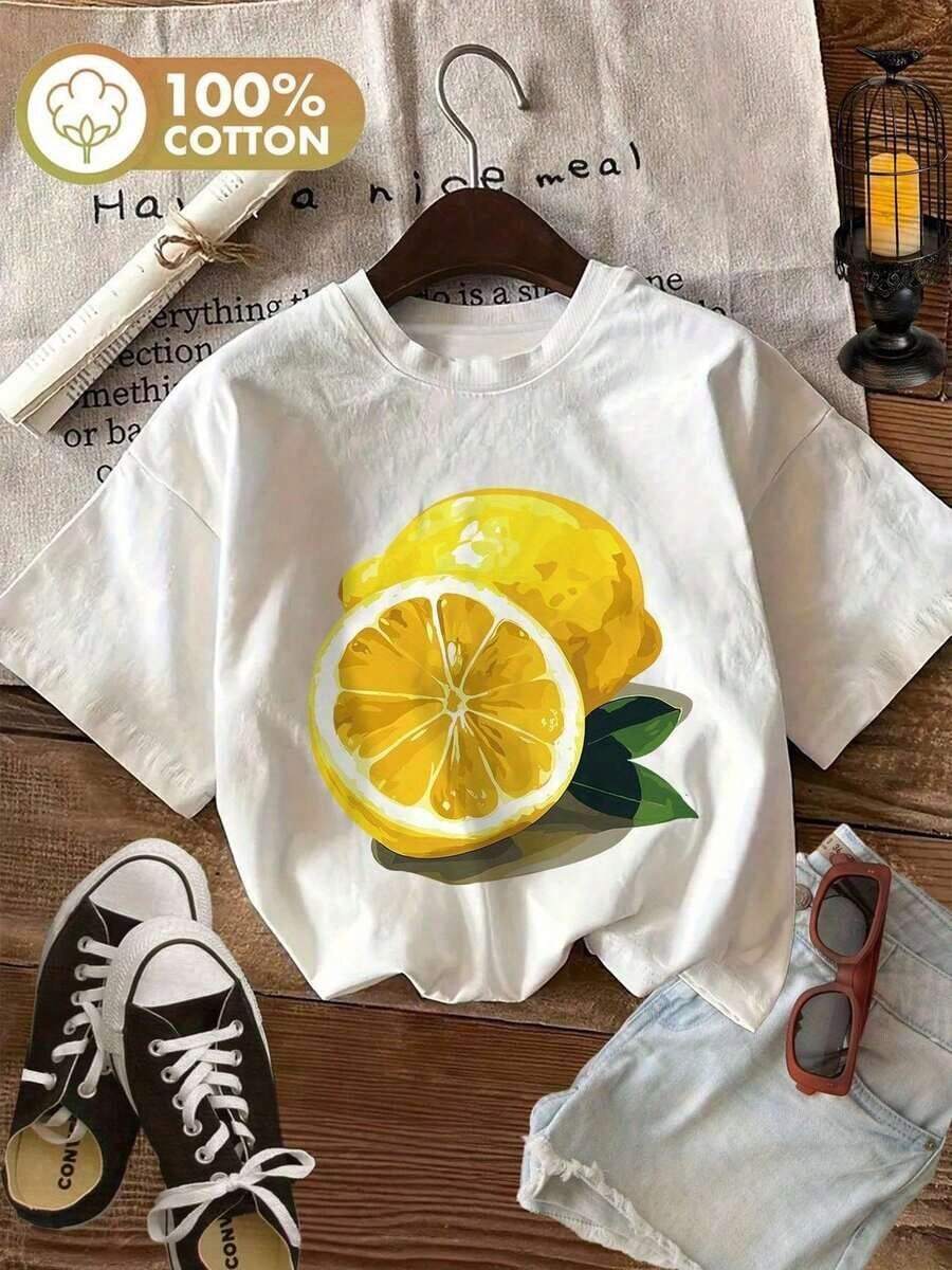 Camiseta de algodón puro 100% de 180g, color amarillo limón, para mujer, cuello redondo relajado, corte holgado, tacto suave, material transpirable. - Blanco - Ver 1
