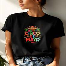 1 pieza de remera de manga corta 100% algodón estilo casual con estampado festivo de Happy Cinco de Mayo con sombrero mexicano cactus y flores coloridas ideal para celebraciones verano mujer - Negro - Ver 2