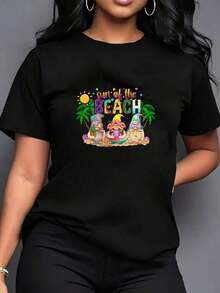 Camiseta de manga corta de gran tamaño con estampado gráfico de los gnomos tropicales de la playa y palmeras, estilo casual de verano, imprescindible para el día a día, 100% algodón. - Negro - Ver 6