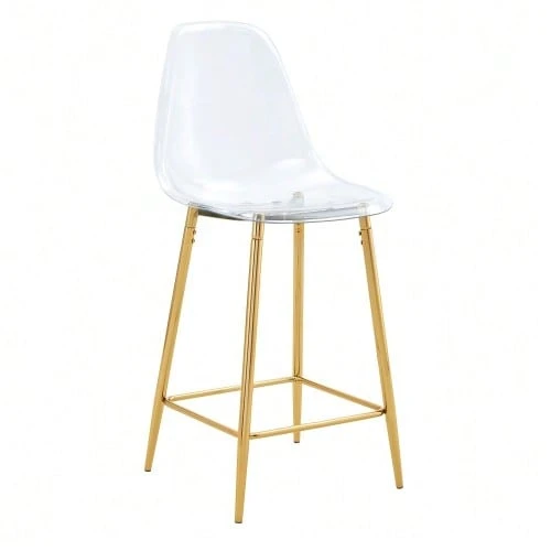 Set Of 4 Transparent Bar Stools With Acrylic Seats And Metal Frames In Silver/Gold/Black. Modern Design Chairs For Kitchen, Bar, Or Dining Room (Chairs Only, Table Not Included). - 金色 - 查看 1