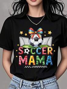 Camiseta de Cuello Redondo para Mujer con Diseño de Balón y Portería Coloridos, Manga Corta para Mamás Futboleras y Aficionadas al Deporte, Ropa Fresca de Verano para Mujer - Negro - Ver 1