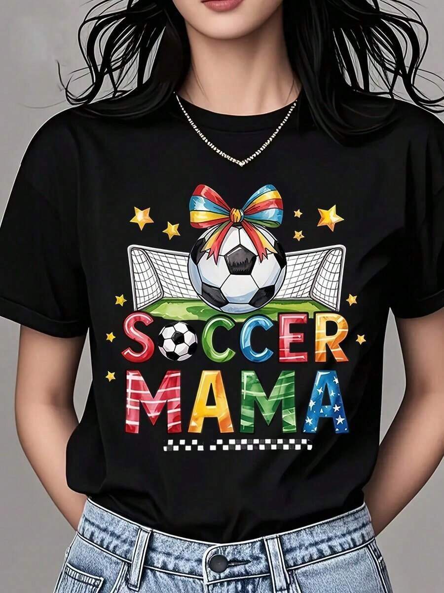 Camiseta de Cuello Redondo para Mujer con Diseño de Balón y Portería Coloridos, Manga Corta para Mamás Futboleras y Aficionadas al Deporte, Ropa Fresca de Verano para Mujer - Negro - Ver 1