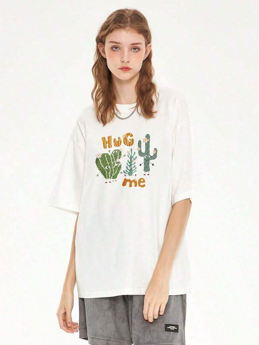 Women's "HUG ME" Cactus Print Short Sleeve T-Shirt, Casual Loose Summer Top - Simple Graphic Print Summer T-Shirts, Casual Mother's Day Gift. Suitable For Spring, Summer, And Autumn. - 白色 - 查看 1