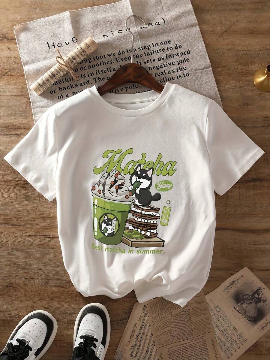 Camiseta Casual de Verano para Mujer - Camiseta con Estampado de Gato Matcha - Camiseta Casual de Manga Corta con Cuello Redondo y Diseño Divertido de Animal de Dibujos Animados, Perfecta para Verano y Primavera, Ropa Casual | Camiseta con estampado divertido | Ropa con temática de matcha - Blanco - Ver 1