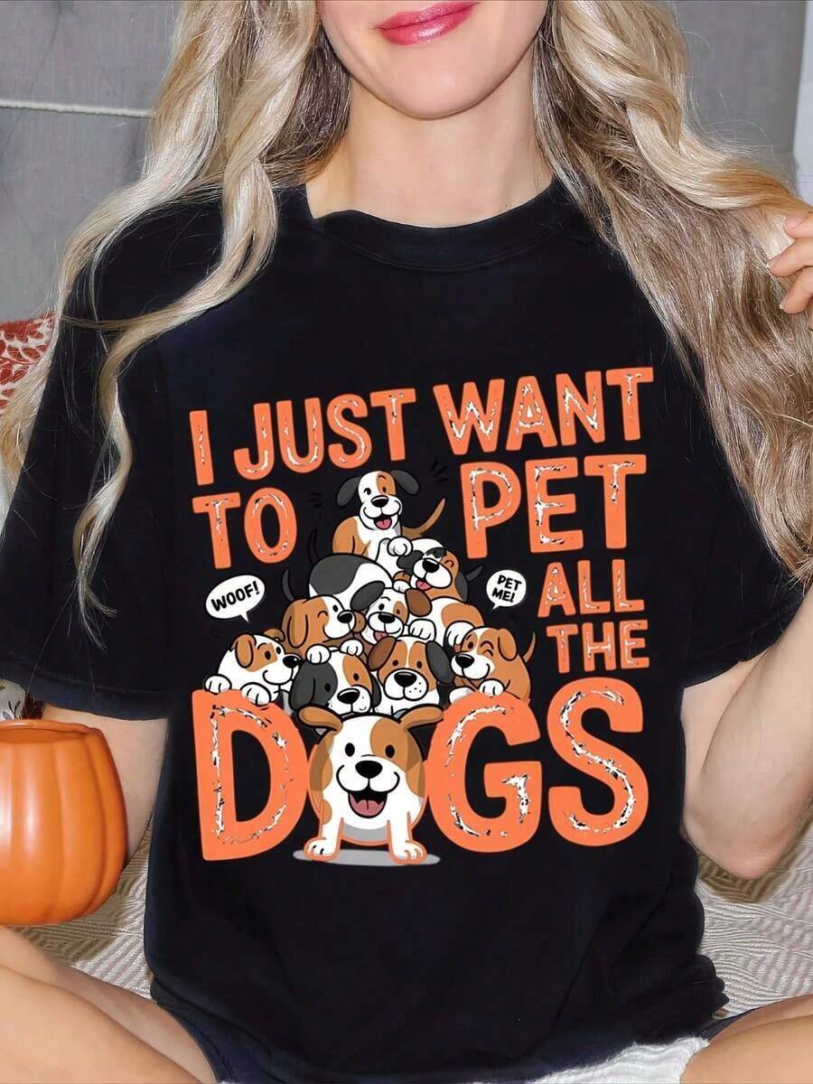 Camiseta estampada para mujer con diseño de perro de dibujos animados "Solo quiero acariciar a todos los perros", manga corta, cuello redondo, top casual para primavera y verano, regalo para amantes de los perros, ropa de talla grande para mujer, blusas estampadas para mujer. - Negro - Ver 1