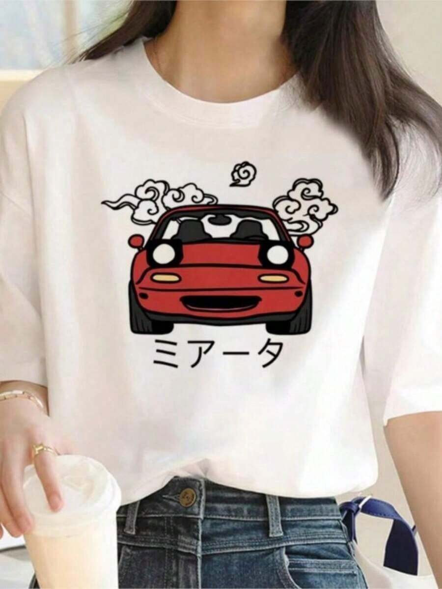 Camiseta de Mujer con Estampado Gráfico Miata, Camiseta Casual de Manga Corta para Verano, Tops Harajuku, Camiseta Femenina con Diseño de Dibujos Animados, Ropa Linda, Adecuada para primavera, verano y otoño. - Blanco - Ver 1