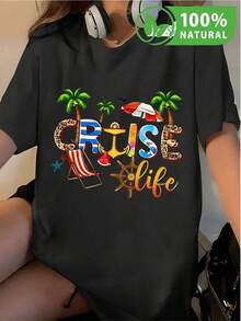 Camisa de mujer estilo casual con estampado tropical Cruise Life ideal para tus vacaciones de verano comodidad garantizada diseño moderno con palmeras anclas y sillas playeras elige tu outfit perfecto para las aventuras veraniegas en moda relajada y fresca exclusividad en cada detalle - Negro - Ver 1
