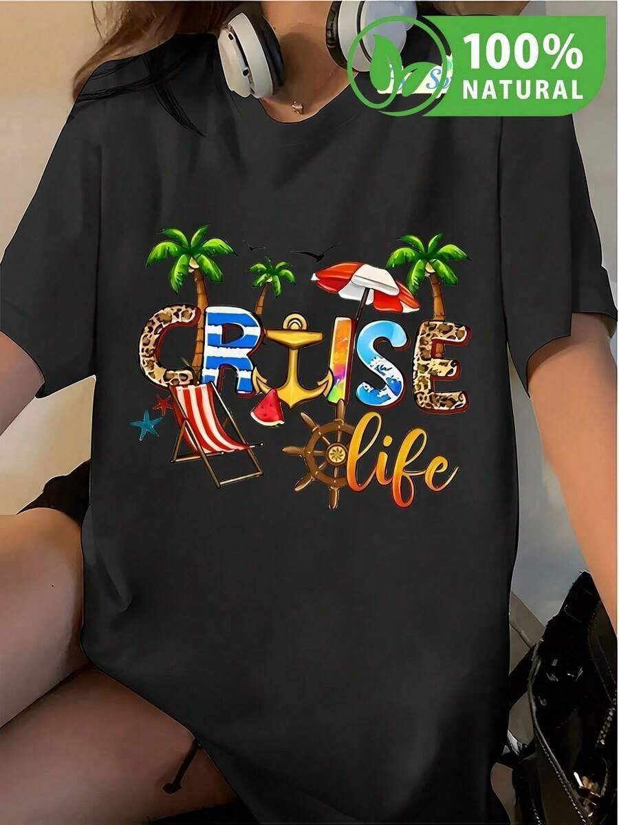 Camisa de mujer estilo casual con estampado tropical Cruise Life ideal para tus vacaciones de verano comodidad garantizada diseño moderno con palmeras anclas y sillas playeras elige tu outfit perfecto para las aventuras veraniegas en moda relajada y fresca exclusividad en cada detalle - Negro - Ver 1