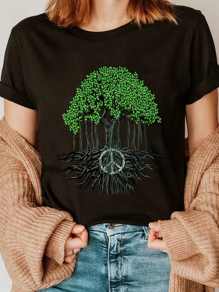 Camiseta de cuello redondo con estampado de árboles, top casual de manga corta para verano y primavera, ropa de uso diario para mujer. - Negro - Ver 1