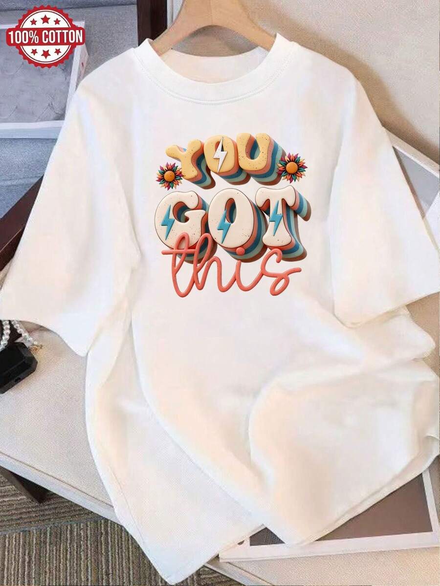 Camiseta de Verano Moderna de Algodón, Holgada, de Cuello Redondo, Versátil, Cómoda y Casual para Mujer, Blusa de Manga Corta para Uso Diario, Juvenil y a la Moda - Blanco - Ver 1