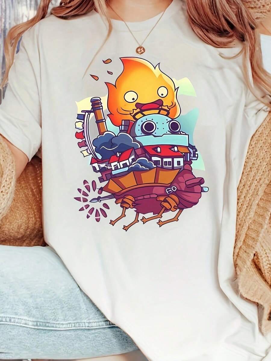 Camiseta Blanca de Manga Corta con Estampado de Anime y Llama para Mujer - Personaje de Dibujos Animados Divertido & Gráfico de Mochila, Cuello Redondo Casual, Ajuste Regular Lavable aáquina para Primavera y Verano, Ropa CómodaDaily Casual Round Neck Short Sleeve-Shirt Women - Blanco - Ver 1