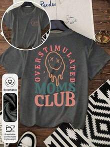 Women's Summer T-Shirts With A 'Mom Club' Graphic Print, Crew Neck, Short Sleeves, Simple Casual Style For Everyday Wear, In Black, Plus Sizes. Graphic Print T-Shirts For Mom's Birthday, Fun Prints For Mom, Women's Summer Clothes, Summer T-Shirts With Face And Letter Prints. - 深灰色 - 查看 4