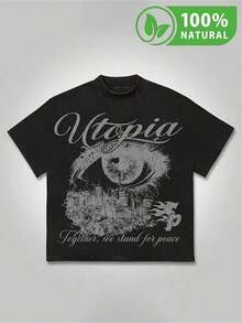Camiseta negra de estilo urbano con un diseño gráfico de ojo y el texto "Utopia" en estilo vintage para un look moderno y único. Ropa casual ideal para destacarse en la ciudad. El mensaje "Juntos defendemos la paz" es esencial para una colección de moda juvenil en México. - Negro - Ver 1