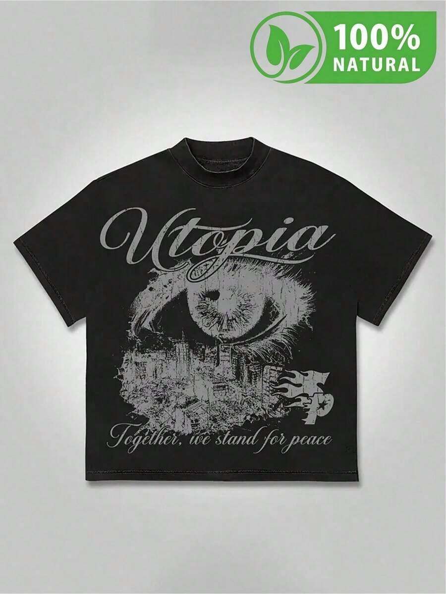 Camiseta negra de estilo urbano con un diseño gráfico de ojo y el texto "Utopia" en estilo vintage para un look moderno y único. Ropa casual ideal para destacarse en la ciudad. El mensaje "Juntos defendemos la paz" es esencial para una colección de moda juvenil en México. - Negro - Ver 1