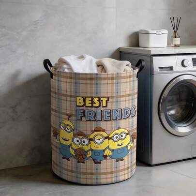 Miniso Minions Best Friends Plaid Print Laundry Basket Collapsible Storage Bin With Handles,Organizer For Laundry Room, Bedroom & Room