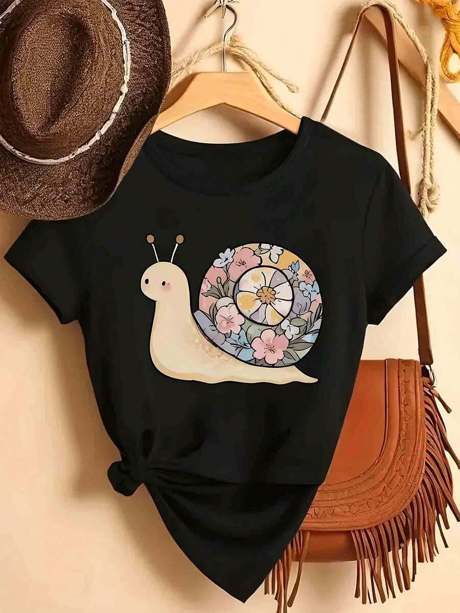Women's One-Piece T-Shirt With Snail Floral Print, Morandi Style, Loose Fit, Soft, Machine Washable, Sporty, Casual, For Everyday Wear, Round Neck, Short Sleeve - 黑色 - View 1