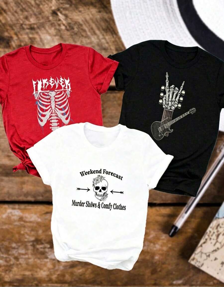 Camiseta de mujer a 3 pieza de camiseta casual de manga corta para mujer, diseño de calavera con texto, calavera de guitarrista, camiseta estampada con patrón de rosa y flecha, camiseta de mujer de manga corta con cuello redondo, top deportivo casual transpirable de algodón puro, regalo para vacaciones, edición de primavera. - Blanco - Ver 1