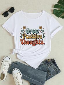 Camiseta estampada para mujer de diseño simple y versátil, una camiseta con estampado de cuello redondo elegante y cómoda, adecuada para usar en primavera, verano y otoño - un atuendo modern - Blanco - Ver 2