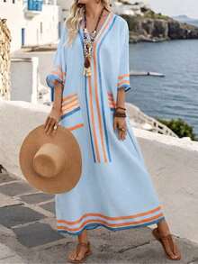 Holidaya Vestido de verano/primavera nuevo de estilo bohemio para vacaciones, informal, con estampado de rayas coloridas y cuello en V de manga 3/4 - Negro - Ver 7
