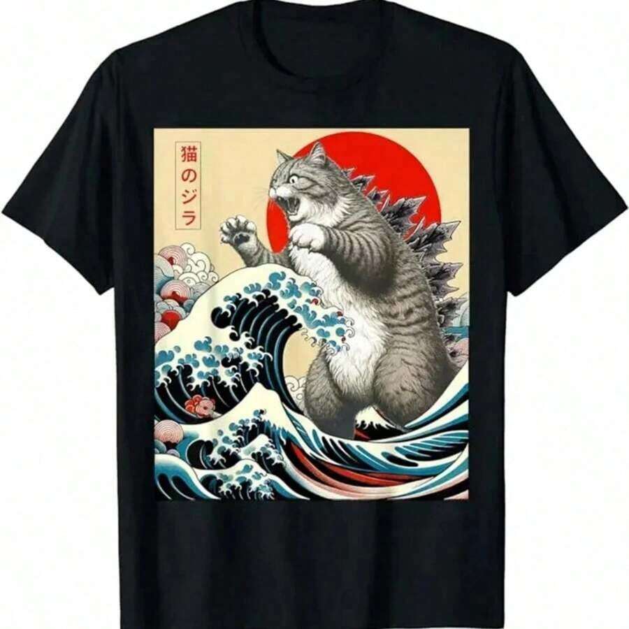 Catzilla T-Shirt - Japanese Art, New Arrival, Pure Cotton Women's T-Shirts, Y2k Fashion, Haikyuu Graphic Tees 72940, Women's T-Shirts - 黑色 7 - 查看 1
