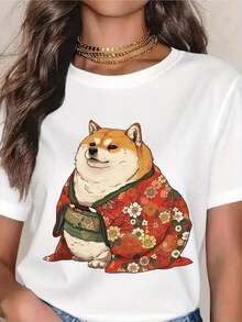 Camiseta Casual de Moda para Hombres y Mujeres con Diseño de Perro Shiba Inu en Kimono, Camiseta con Gráfico de Perro con Diseño Floral Japonés, Camiseta Casual con Estampado de Animal Divertido, Regalo Perfecto para Amantes de los Perros, para Cumpleaños o Fiestas. Versátil, fácil de combinar, adecuada para uso diario, estilo urbano, conjuntos de vacaciones, conjuntos de fin de semana. - Blanco - Ver 1