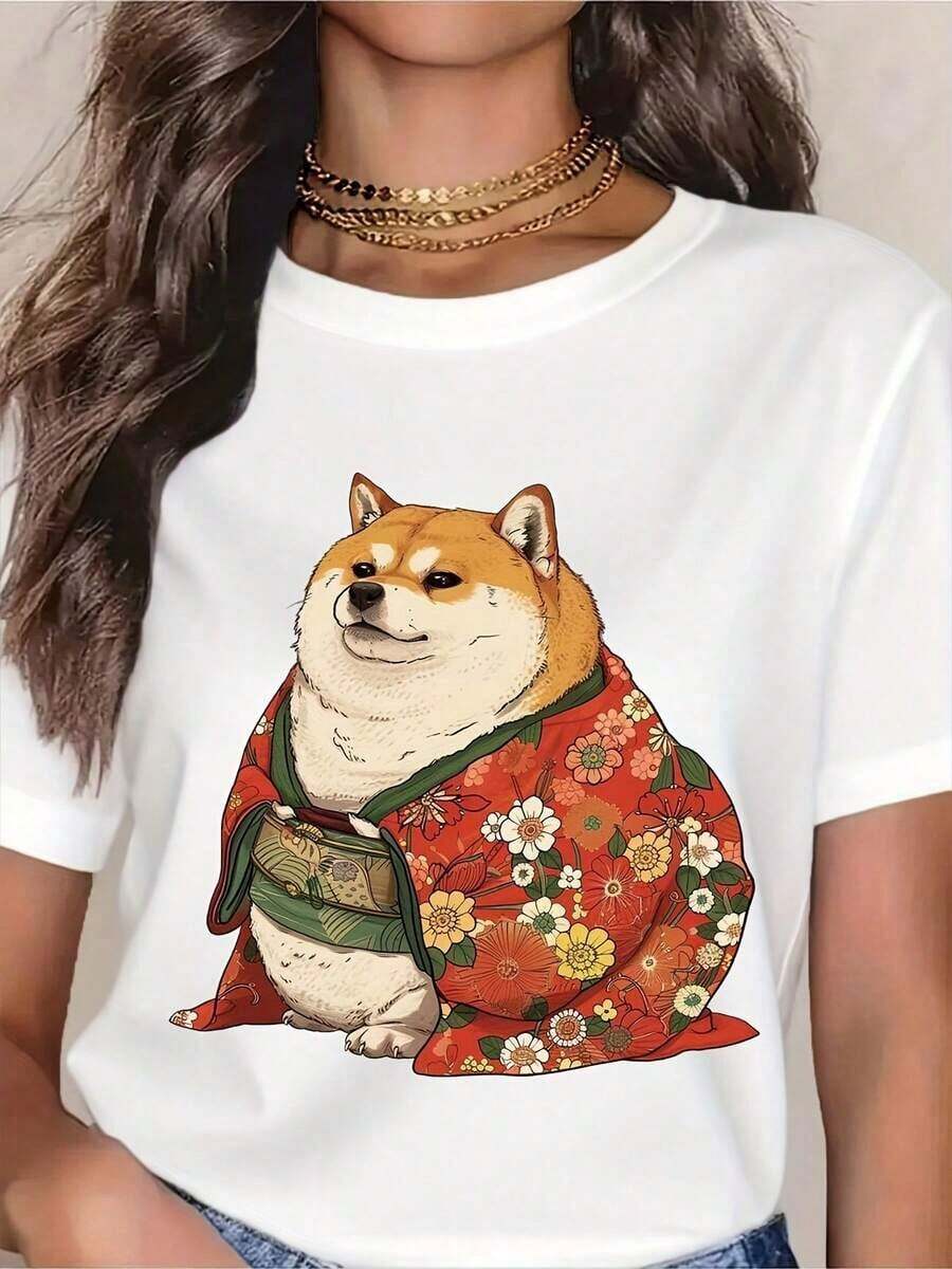 Camiseta Casual de Moda para Hombres y Mujeres con Diseño de Perro Shiba Inu en Kimono, Camiseta con Gráfico de Perro con Diseño Floral Japonés, Camiseta Casual con Estampado de Animal Divertido, Regalo Perfecto para Amantes de los Perros, para Cumpleaños o Fiestas. Versátil, fácil de combinar, adecuada para uso diario, estilo urbano, conjuntos de vacaciones, conjuntos de fin de semana. - Blanco - Ver 1