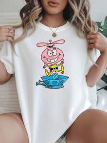 Camiseta de Mujer Casual de Corte Holgado, Opciones en Blanco y Negro, Estampado de Personajes de Dibujos Animados, Camisetas Gráficas para Uso Diario, Tops de Verano, Camisetas Gráficas, Conjuntos de Verano para Mujer, Camisetas Cortas para Mujer, Camisetas Vintage de Algodón, Ropa Linda para Mujer, Playera Holgada para Mujer - Blanco - Ver 7
