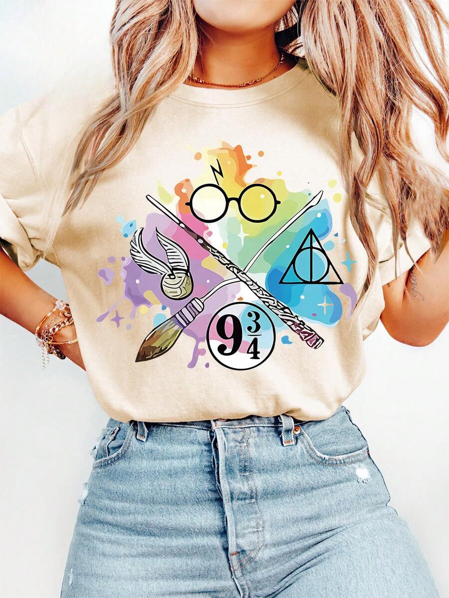 Camiseta de Mujer WB - Vintage de los 90 Warner Bros. Camiseta de manga corta con cuello redondo y estampado de salpicaduras de tinta mágica con gráficos de personajes icónicos, adecuada para uso casual, viajes, atuendos temáticos, tallas (lavable). Ropa deportiva estilo Y2K, cuello redondo, 100% algodón, tejido suave, manga corta.