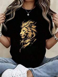 Playeras de mujer algodón, camiseta casual de corte holgado con cuello redondo y manga corta, estampado de león dorado, camiseta gráfica para uso diario y salidas - Estilo vintage urbano, camiseta unisex de algodón holgada de manga corta y cuello redondo, elegante y con estilo, camiseta de talla grande >ropa - Negro - Ver 6