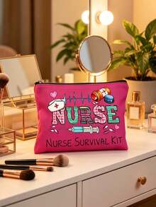 1pc,Nurse Survival Kit Cosmetic Bag - Colorful Plaid NURSE Letter Print Makeup Pouch With ECG Heartbeat, Syringe, Pill Bottle & Nurse Hat Pattern, Portable Canvas Travel Toiletry Bag, A Makeup Bag Designed For Nurses, A Fun Gift For Women, Nursing Students, And Practitioners, Perfect For Nurse Appreciation Week, A Travel Bag For Cosmetics, A Portable Storage Solution For Toiletries, And A Bag For Beauty And Skincare Products - Multicolor - View 6