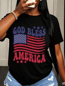 Camiseta de Mujer con Estampado de la Bandera de Estados Unidos "God Bless America", Ropa Patriótica para Celebración del Día de la Independencia y Fiesta del 4 de Julio - Negro - Ver 6