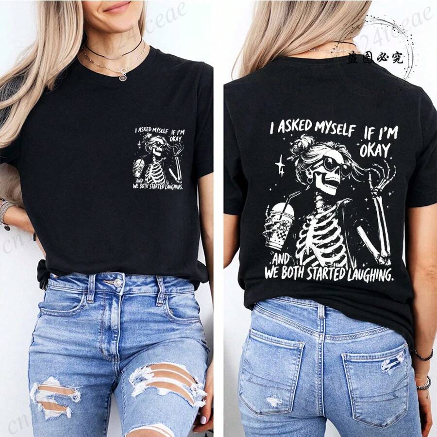 Camiseta Divertida con Esqueleto y la Frase 'Me Pregunté Si Estoy Bien' para Hombres y Mujeres, Ropa Oversize, Manga Corta Holgada, Estilo Sarcastico Streetwear - Negro - Ver 1