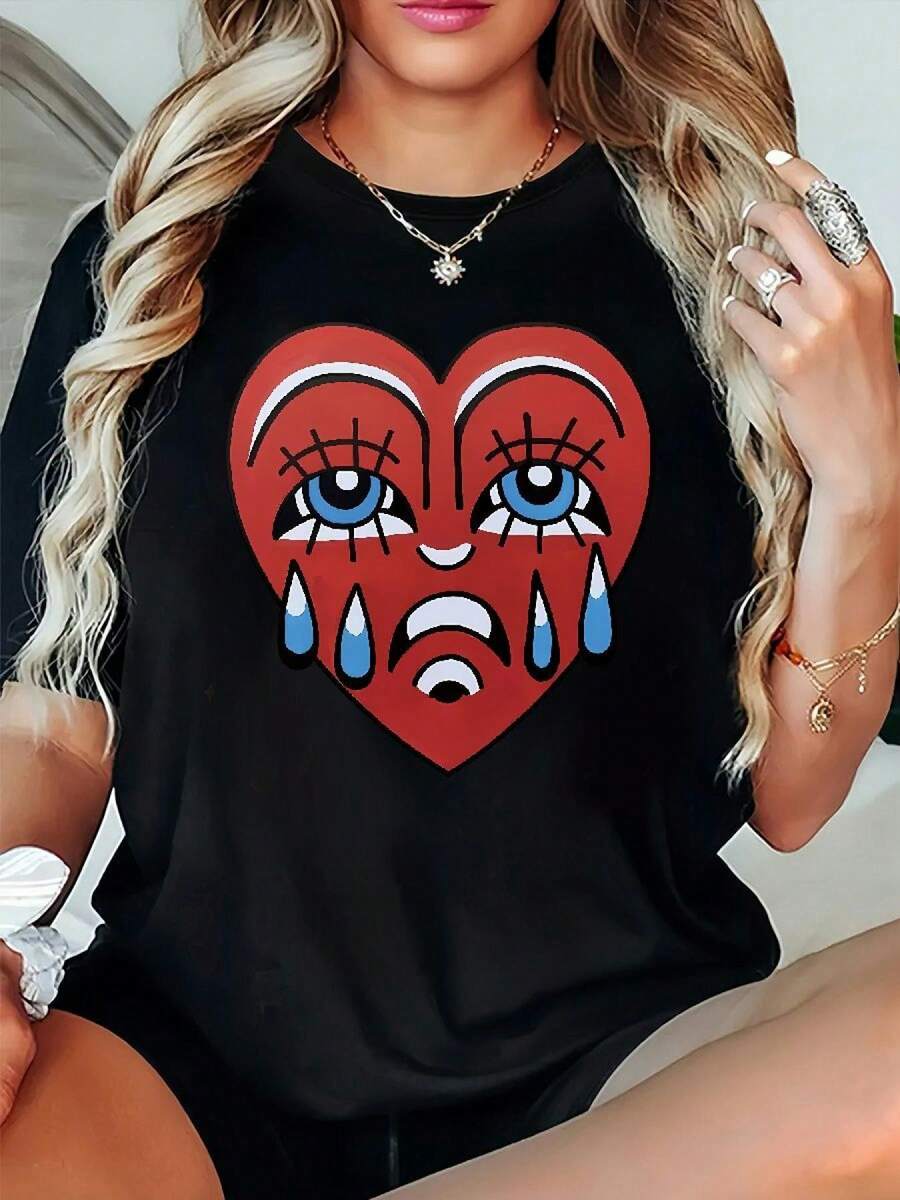 Talla - Talla - Camiseta Gráfica de Mujer con Cuello Redondo Oversize, con Diseños Estampados y Corte HolgadoDaily Casual Round Neck Short Sleeve-Shirt Women - Negro - Ver 1