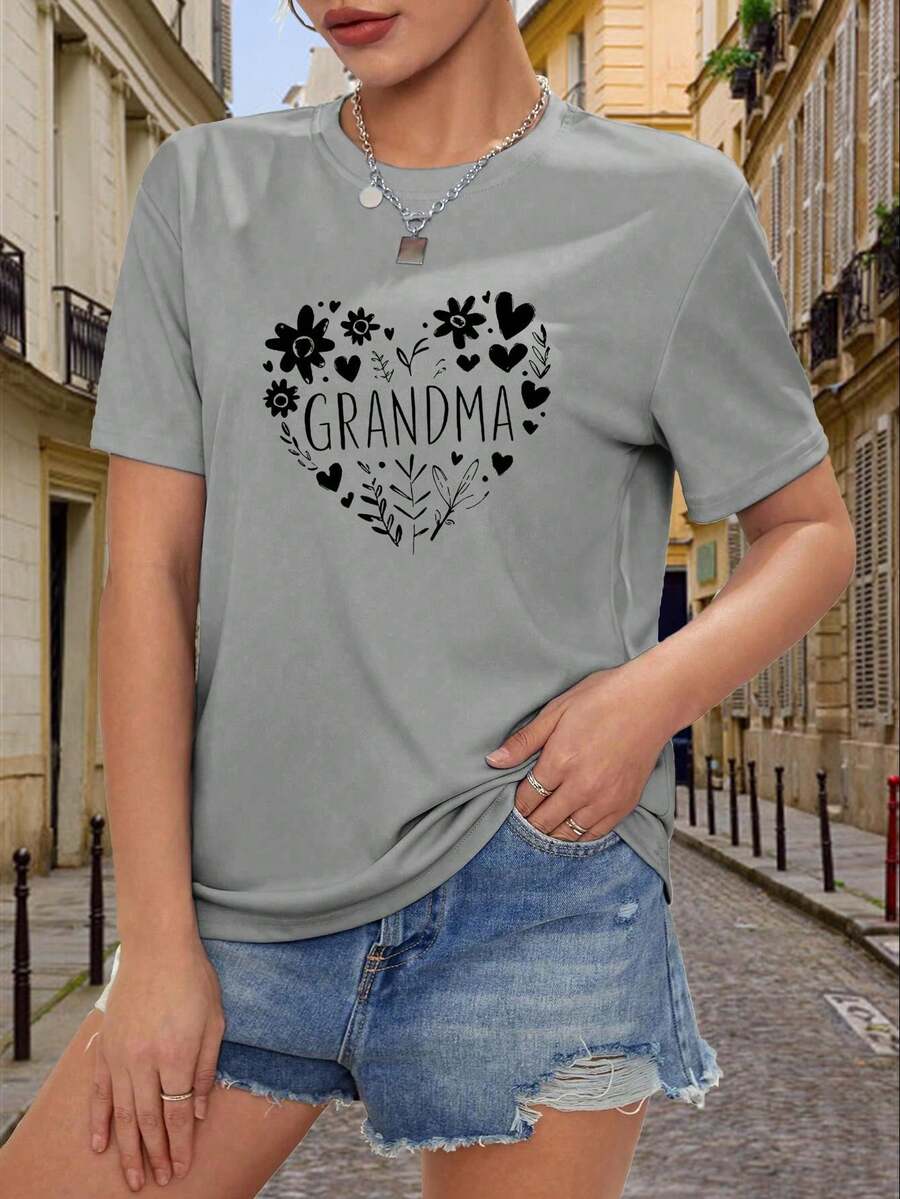 Women's Designer T-Shirt In Y2K Style With "Granny" And Heart Motifs And Floral Prints - Slim-Fit Short-Sleeve Top, Casual Summer Wear, Machine-Washable Stretch Fabric (Wrinkle-Resistant), Suitable For Casual Wear And Layering. NZCA - 灰色的 - 查看 1