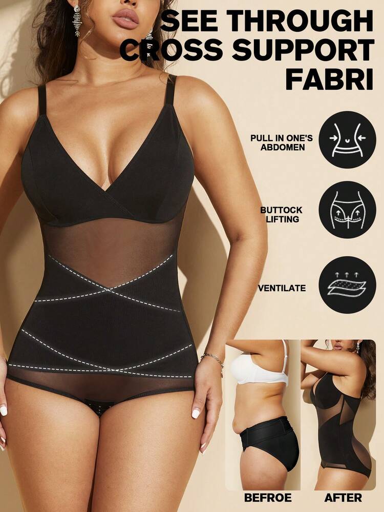 1pc Women Removable Padded Bust Shaping Mesh Patchwork Breathable Fabric Criss-Cross Tummy Control Bodysuit MOVWIN - Black - View 2