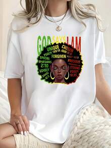 Camiseta de manga corta con estampado inspirador para mujer "GOD SAYS I AM", suéter casual a la moda con cuello redondo, top suave y cómodo, ropa casual para mujer con estampado de letras, adecuada para uso diario, camiseta de manga corta, elección perfecta para regalos de vacaciones. Top de manga corta cómodo y versátil. - Blanco - Ver 1
