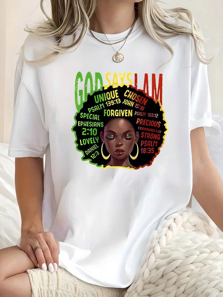 Camiseta de manga corta con estampado inspirador para mujer "GOD SAYS I AM", suéter casual a la moda con cuello redondo, top suave y cómodo, ropa casual para mujer con estampado de letras, adecuada para uso diario, camiseta de manga corta, elección perfecta para regalos de vacaciones. Top de manga corta cómodo y versátil. - Blanco - Ver 1
