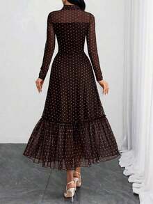 Vestido elegante, sexy y romántico de lunares retro de doble capa con lazo, adecuado para el trabajo, citas y vacaciones de primavera - Cafetería - Ver 3