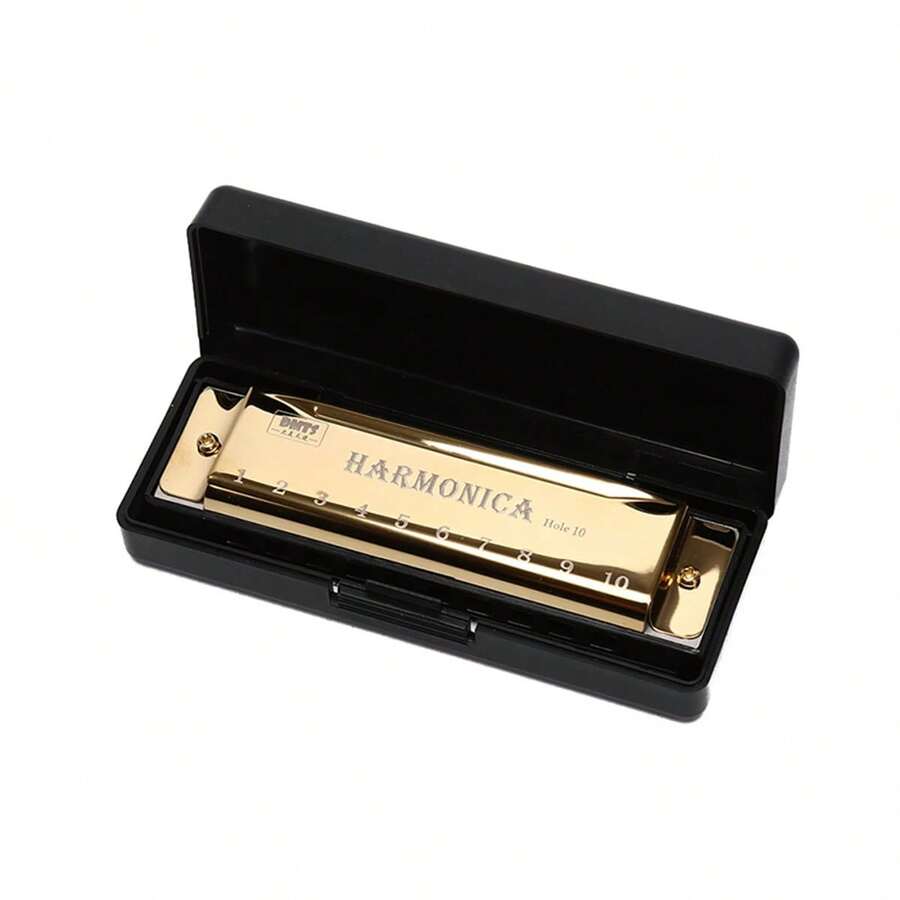 10-Hole Harmonica In The Key Of C For Beginners, Students And Children, Portable Practice Harmonica With Storage Case, Musical Instrument Gift For Beginner Adults. - Golden. - View 1