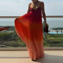 Women's Ombre Chiffon Maxi Dress - Spaghetti Strap V-Neck Tiered Pleated Flowy Summer Vacation Dress - 紅色 - 查看 4