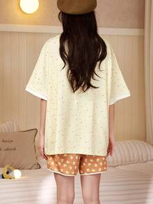 Gongdie Universal Bộ đồ ngủ nữ 2 món, bộ đồ ngủ ngắn tay bằng cotton mùa hè, họa tiết hoạt hình dễ thương kết hợp chấm bi. - Màu vàng - Xem 4