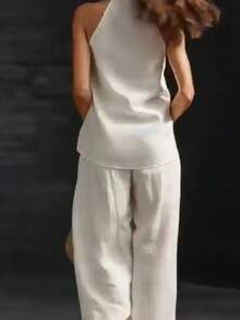 Conjunto mujer con escote en V tipo halter mezcla algodón y lino holgado - Blanco - Ver 2