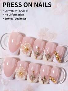 24pcs Short Square 3D Gel Nail Stickers With Pearl Decor, Pressure-Sensitive, Floral & French Manicure Designs, Perfect Fit For Fingertips. Set Includes: 1pc Double-Sided Adhesive & 1pc Nail File - Multicolor - View 2