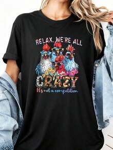 1 pieza de camiseta gráfica divertida de gallo para mujer - "Relájate, todos estamos locos" - Camiseta divertida de gallina con peine rojo y pico - Camiseta ligera de uso diario para mujer - Ropa de primavera y verano - Regalo divertido - 180g Algodón 100% - Blanco 1 - Ver 9