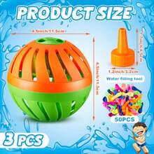 Bomba de agua con temporizador de 3 piezas con 50 globos de agua con bomba de agua de patata, juguete para actividades al aire última intervensión, juegos de broma, suministros para - Verde naranja - Ver 2