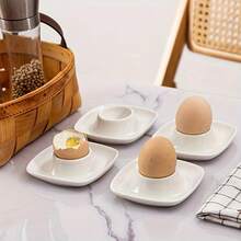 2/4Pcs Iridescent White Ceramic Egg Holders, Square Porcelain Egg Cups, Decorative Breakfast Egg Tray, Cute Egg Display Stand For Easter, Kitchen Tabletop Decor, Household Breakfast Tableware, Egg Serving Holder For Hard Boiled Eggs - White - View 6