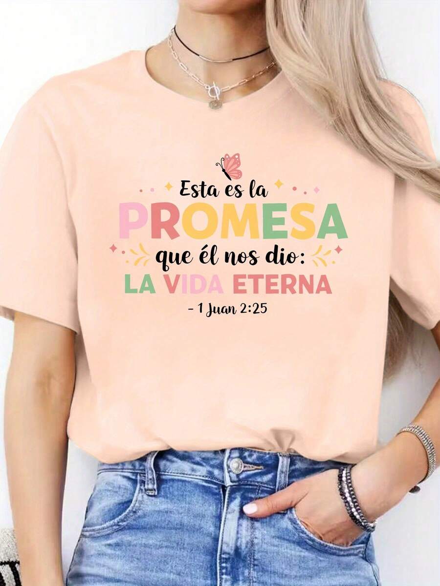Camiseta Casual de Primavera Verano con Estampado de Letras en Español, Cuello Redondo, Manga Corta, Camiseta Deportiva, Top para Mujeres ZPIM - durazno - Ver 1