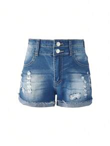 Women's Casual Denim Shorts, Button Front, Straight Leg, Medium Stretch Denim Shorts - Blue - View 4