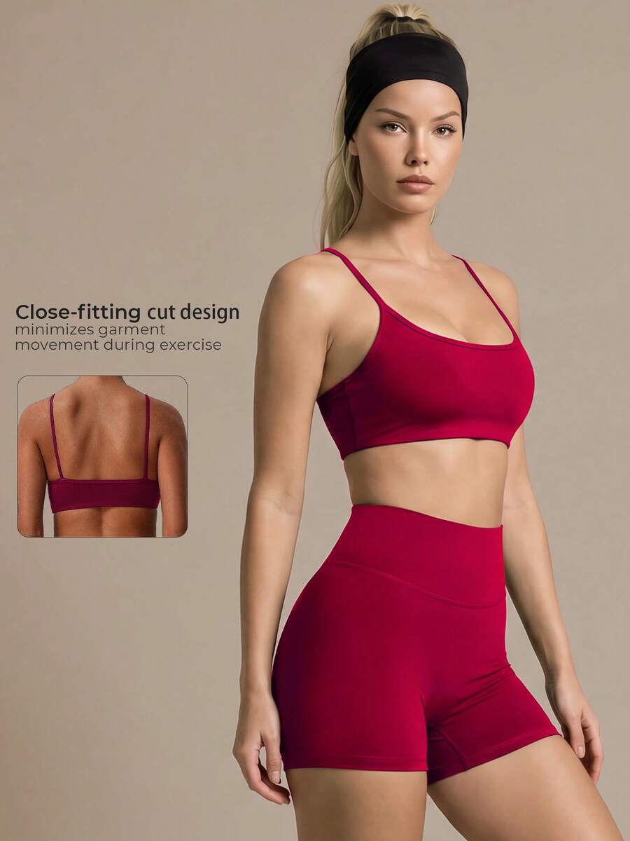 2pcs Women's Classic Spaghetti Strap Sports Bra And High Waist Deep V Lifting Shorts, Activewear For Running, Fitness, Cycling, Spring/Summer