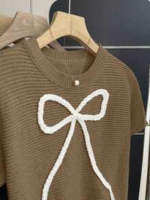 2026Franclia New Women's Sweet And Cute Pink Casual Knit Sweater With Bow, Short Sleeve Baby Pink Bow Blouse For Spring/Summer, Cute Knit Blouses With Bow For Women - 駝色 - 查看 3